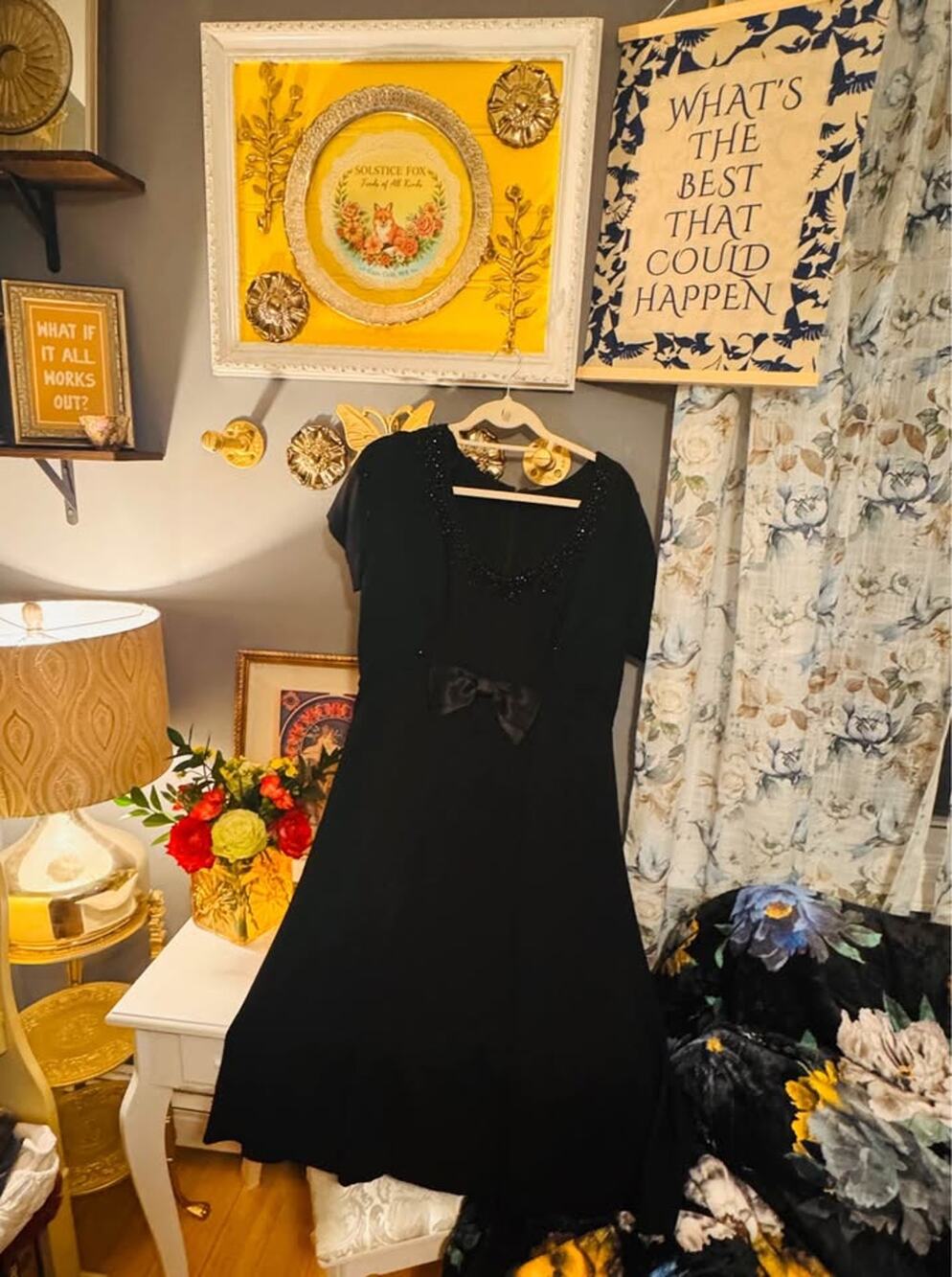 Vintage Black Beaded Fit & Flare Dress | Satin Bow Detail